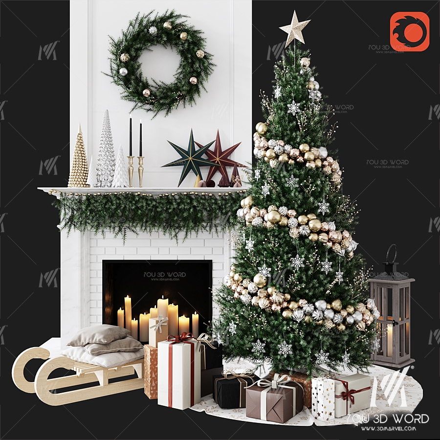 Modern Christmas Tree Gift Box Fireplace Decoration Ornament 3d model
